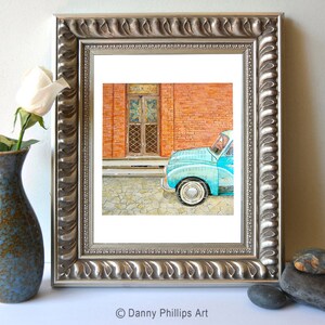 Curb Appeal Fine Art PRINT or CANVAS, Unframed, Italian Antique Classic Vintage Retro Car Doorway, Mixed Media Collage Painting, All Sizes image 2