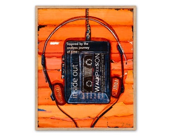 WalkPerson - Tape Cassette and Headphones - Mixed Media Collage Fine ART PRINT or CANVAS -Unframed- Retro Vintage 80's wall decor, All Sizes