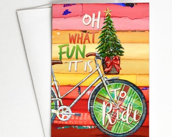 Christmas GREETING CARD Oh What Fun it is to Ride- Bike Bicycle with Christmas tree and bow