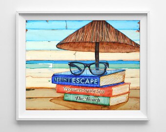 Reading Glasses, Fine Art PRINT or CANVAS, Unframed,  Summer Beach Book Lover Wall Decor Mixed Media Collage Painting Gift, All Sizes