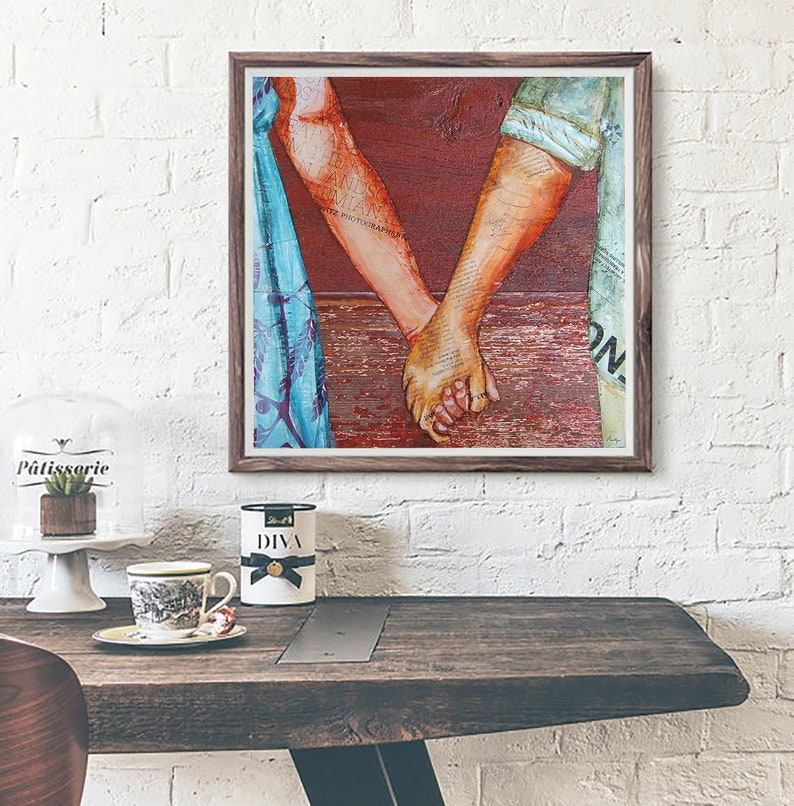 Two Lovers Entwined, Fine Art PRINT or CANVAS, Unframed, Couple Holding Hands Wall Home Decor, Mixed Media Collage Painting Gift , All sizes image 1