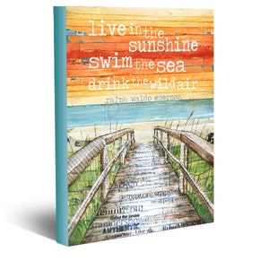 May include: A watercolour painting of a wooden boardwalk leading to the beach. The boardwalk is made of weathered wood planks and has railings on either side. The background is a colourful sunset with the text "live in the sunshine swim the sea drink the wildair ralph waldo emerson" printed on it.