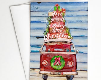 Christmas GREETING CARD Have Yourself A Merry Little Christmas- Antique Classic Car Van with Christmas Presents and Wreath