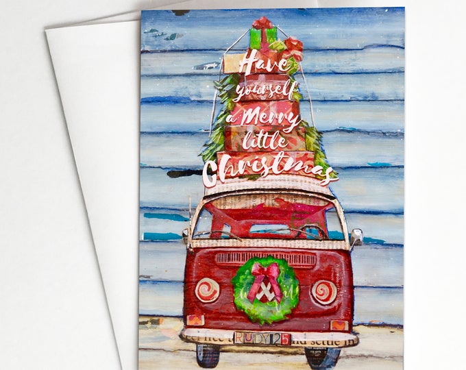 Christmas GREETING CARD Have Yourself A Merry Little Christmas- Antique Classic Car Van with Christmas Presents and Wreath