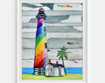 Rainbow Connection -Unframed ART PRINT or CANVAS, Coastal Nautical Lighthouse Mixed Media Collage Folk Wall Art Decor, All Sizes