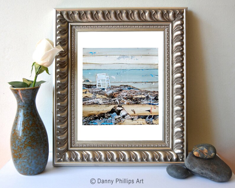 Marginal Way Fine Art PRINT or CANVAS, Lifeguard Chair,Rocky Coast, Maine Beach Wall Decor, Mixed Media Collage Painting Gift, All Sizes image 2