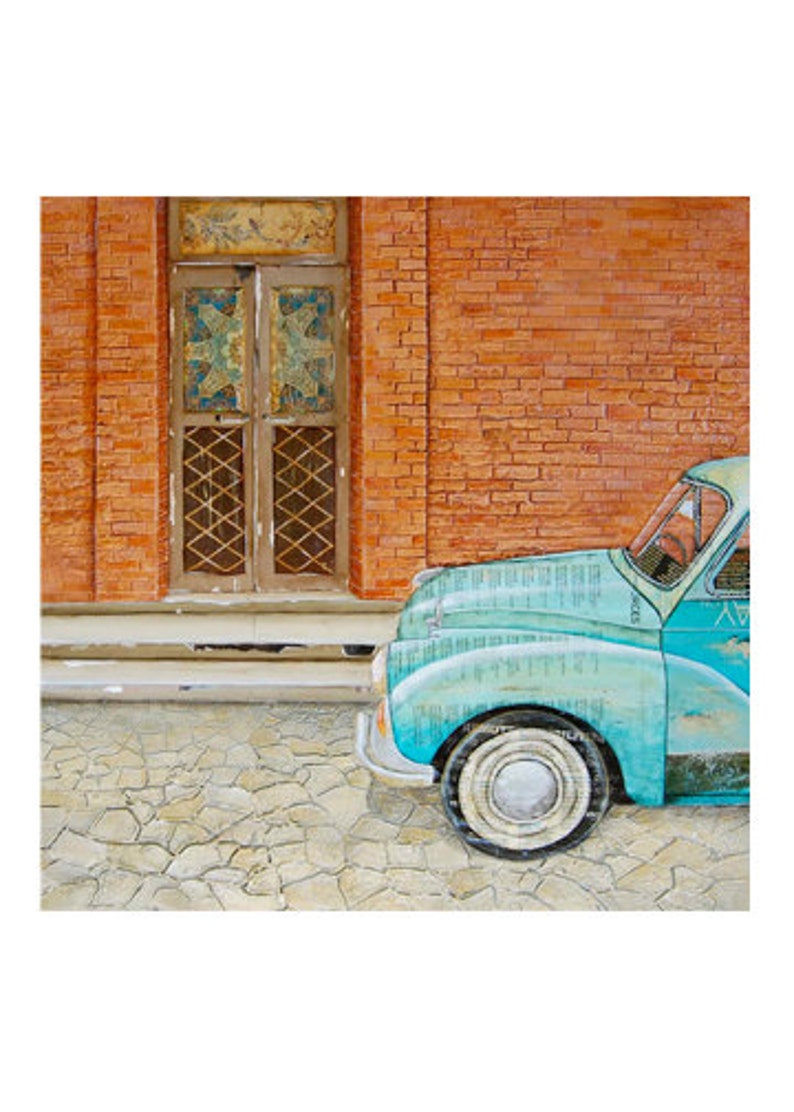 Curb Appeal Fine Art PRINT or CANVAS, Unframed, Italian Antique Classic Vintage Retro Car Doorway, Mixed Media Collage Painting, All Sizes image 4