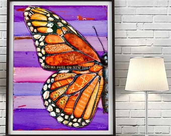 Long Live the Monarch -Butterfly- Mixed Media Collage Fine ART PRINT or CANVAS - Nature artwork wall decor, All Sizes