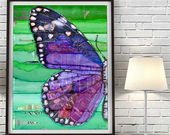 Purple Reign -Butterfly- Mixed Media Collage Fine ART PRINT or CANVAS - Nature artwork wall decor, All Sizes