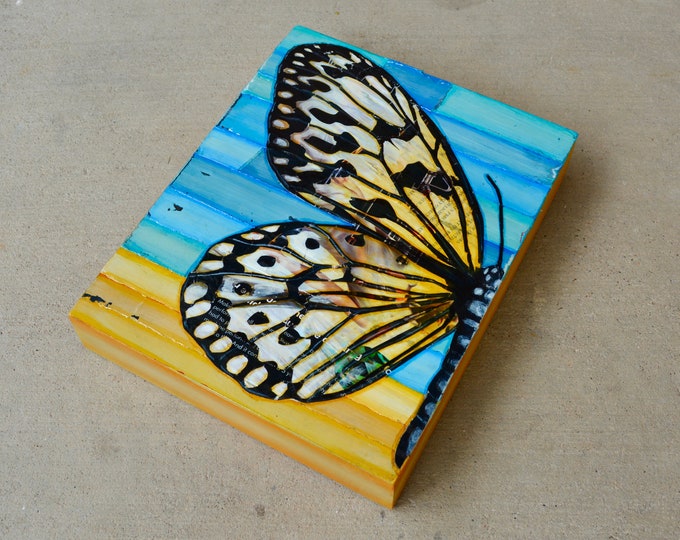 Golden Flight - Mixed Media Collage 8"x10" by 1.5" Deep on Raised Wooden Canvas