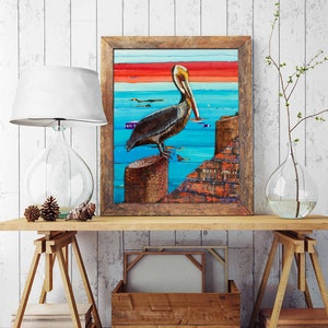 Layover - Pelican on Pier - Mixed Media Collage Fine ART PRINT or CANVAS - Beach artwork wall decor, nautical coastal decor, All Sizes