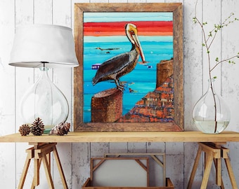 Layover - Pelican on Pier - Mixed Media Collage Fine ART PRINT or CANVAS - Beach artwork wall decor, nautical coastal decor, All Sizes