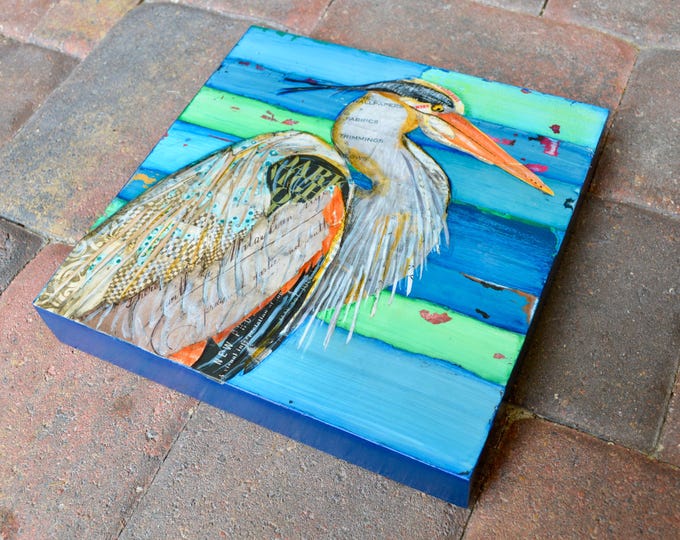 Out of the Blue - Mixed Media Collage 10"x10" by 1.5" Deep on Raised Wooden Canvas