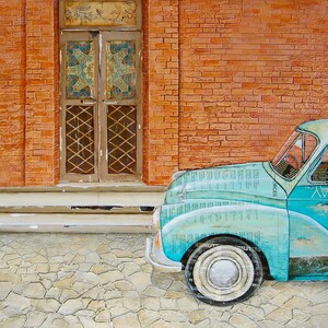 Curb Appeal Fine Art PRINT or CANVAS, Unframed, Italian Antique Classic Vintage Retro Car Doorway, Mixed Media Collage Painting, All Sizes image 5