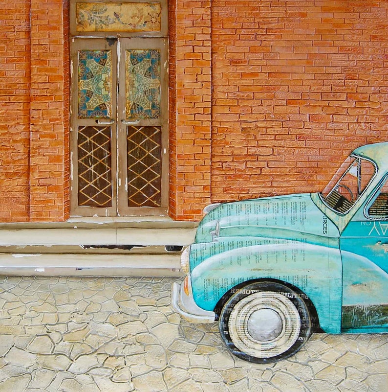 Curb Appeal Fine Art PRINT or CANVAS, Unframed, Italian Antique Classic Vintage Retro Car Doorway, Mixed Media Collage Painting, All Sizes image 5