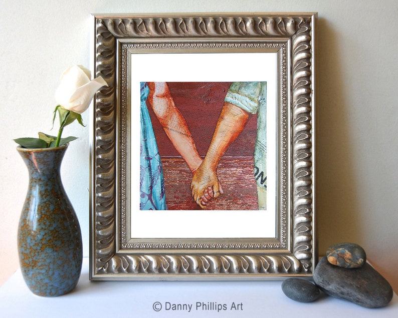 Two Lovers Entwined, Fine Art PRINT or CANVAS, Unframed, Couple Holding Hands Wall Home Decor, Mixed Media Collage Painting Gift , All sizes image 2