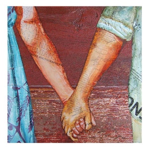 Two Lovers Entwined, Fine Art PRINT or CANVAS, Unframed, Couple Holding Hands Wall Home Decor, Mixed Media Collage Painting Gift , All sizes image 4