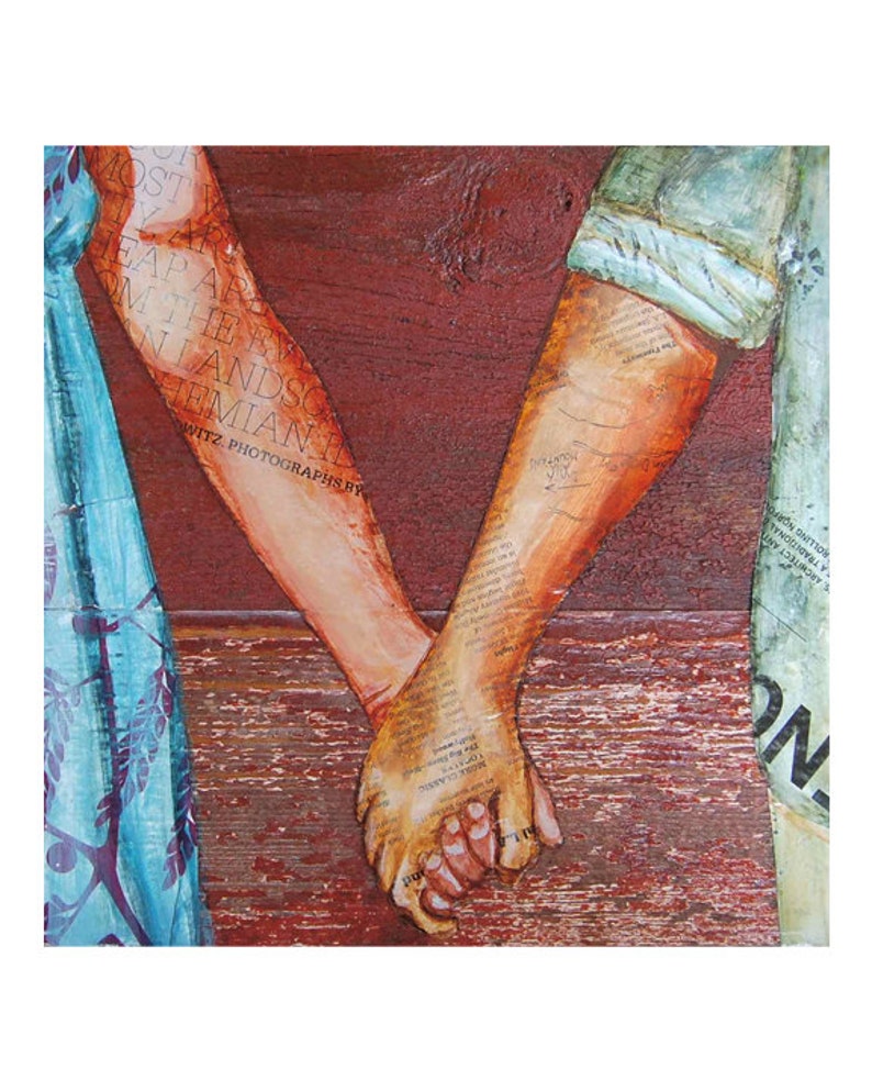 Two Lovers Entwined, Fine Art PRINT or CANVAS, Unframed, Couple Holding Hands Wall Home Decor, Mixed Media Collage Painting Gift , All sizes image 4