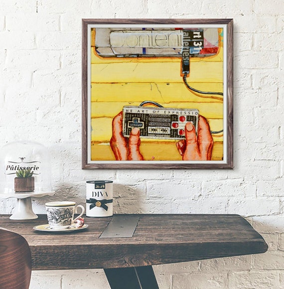 Hands On - Retro Vintage Controller Inspired Gaming ART PRINT wall decor mixed media collage fine art painting, gaming gift, All Sizes