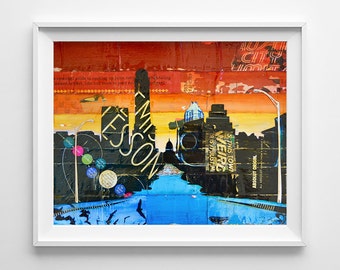 Ode to ATX, Fine Art PRINT or CANVAS, Unframed, Vintage Retro Austin Texas City Skyline Bats Biking Wall Home Decor Painting, All Sizes