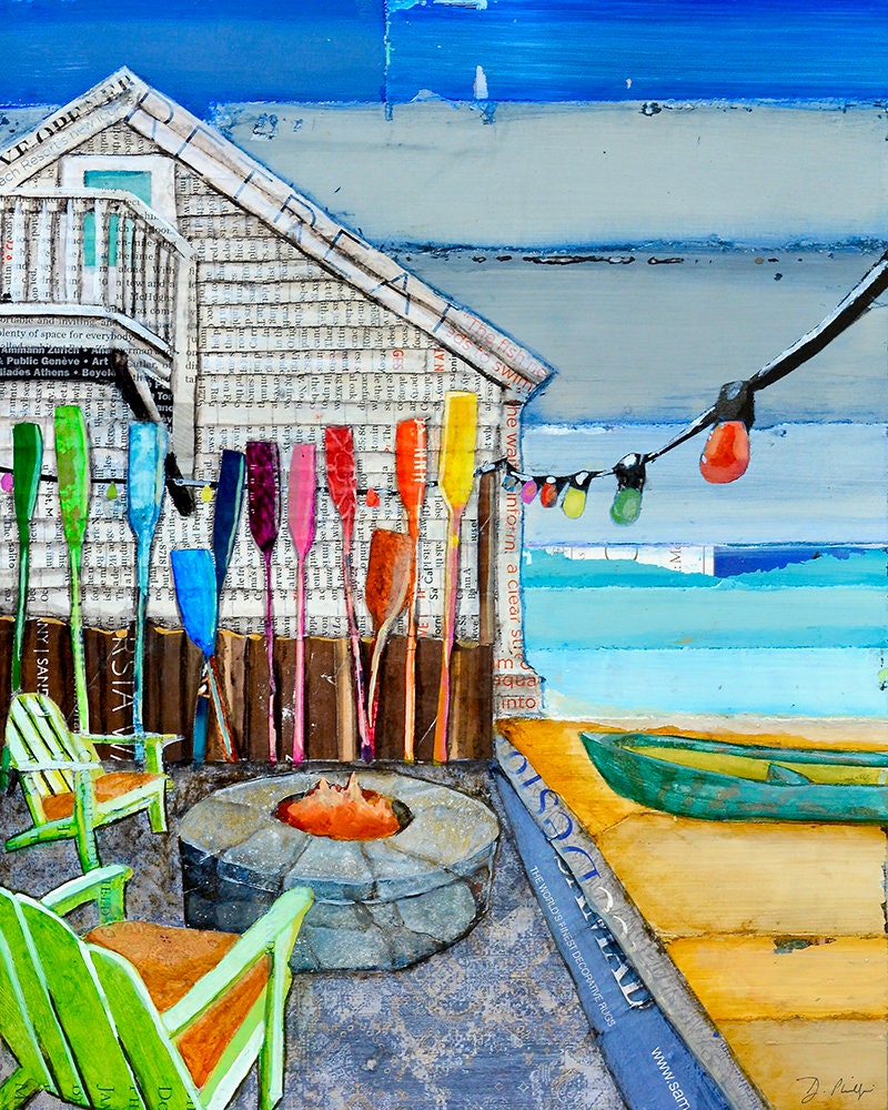 Ocean View Original Mixed Media Collage 11x14 by 1.5 Deep on Raised