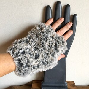 Fingerless Mitts knit in Faux Fur, Touchscreen Mitts, Faux Fur, Cozy Hand Warmers, Computer Handwarmers Gray