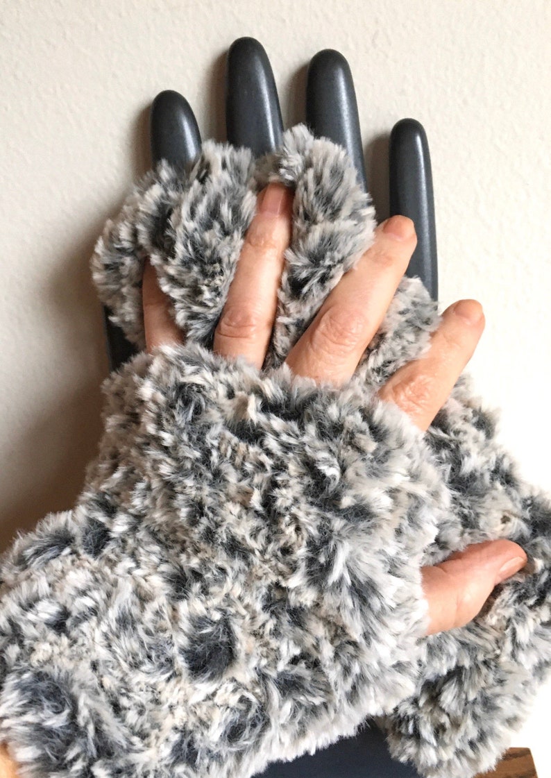 Fingerless Mitts knit in Faux Fur, Touchscreen Mitts, Faux Fur, Cozy Hand Warmers, Computer Handwarmers image 2