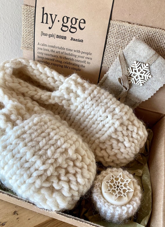 Hygge Knit Sleep Sock Box-cozy Home Gift, Cozy Cream Knit Slippers