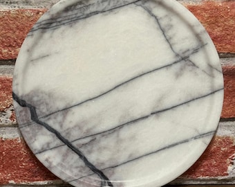Handmade Round Marble Tray | White Stone with Grey Veins
