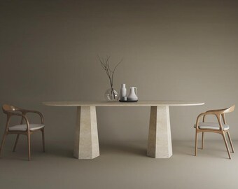 Oval Travertine Dining Table, Tapered Base, Minimalist Luxury Stone Furniture