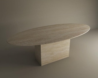 Custom Elliptical Travertine Dining Table, Solid Stone Block Base, Modern Minimalist Design
