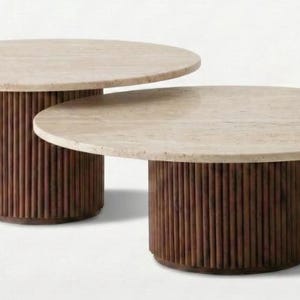 Custom Handmade Travertine Nesting Coffee Tables: Walnut Wood Legs 2-Piece image 5