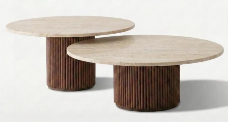Custom Handmade Travertine Nesting Coffee Tables: Walnut Wood Legs 2-Piece image 5