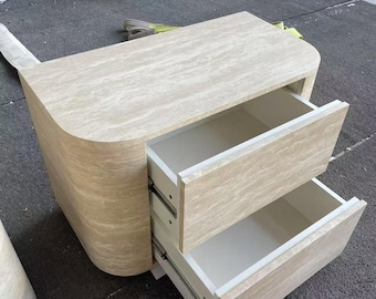 Beige Travertine Nightstand – Luxury Stone Bedside Table with Drawers – Handmade Modern Travertine Side Table – Minimalist Bedroom Furniture