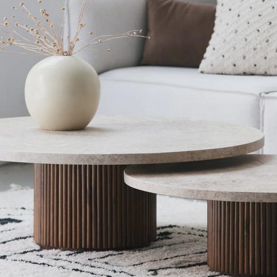 Custom Handmade Travertine Nesting Coffee Tables: Walnut Wood Legs 2-Piece