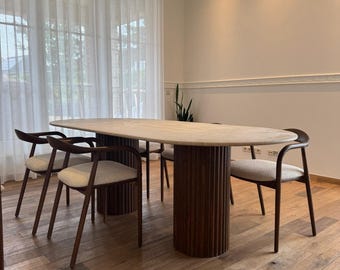 Custom Handmade Oval  Marble Dining Table: Fluted Walnut Base