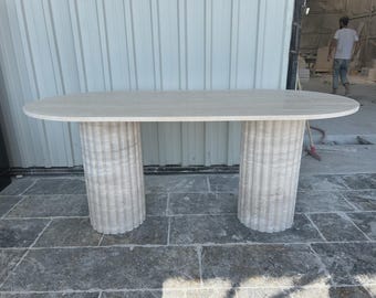 Custom Handcrafted Oval Travertine Dining Table, Tapered Round Base, Minimalist Luxury Stone Table