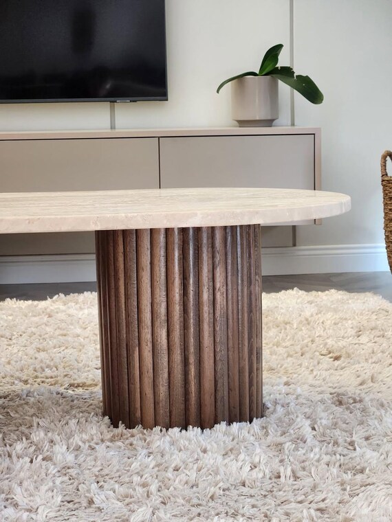 Custom Handmade Coffee Table, Wooden Base Travertine Table