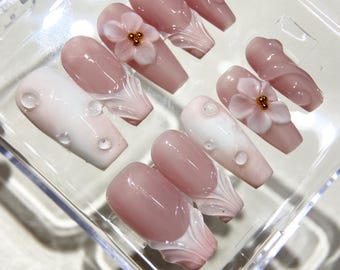 3D Flower FreeStyle Medium coffin Press On Nails, Pink ombre nail /