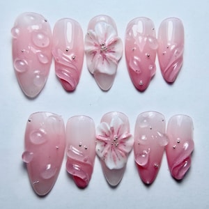 3D Flower FreeStyle Medium Almond Press On Nails, Pink ombre nail /
