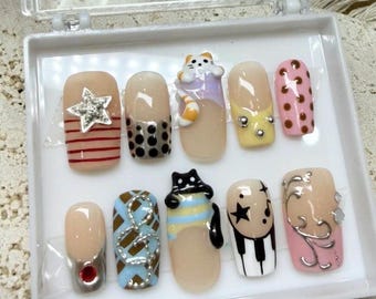 3D Cat Press On Nails | Kawaii Polka Dot Harajuku Gel Set | Handmade False Nails