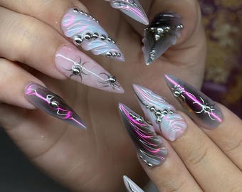 3D Chrome Silver Press On Nails: Y2K Carnival Style