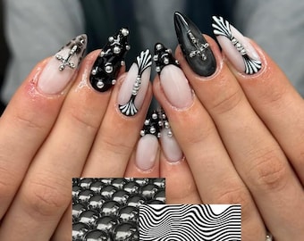 Gothic Press-On Nails, Black White Stiletto, Chrome Cross Charms, 3D Caviar Beads (Y2K Style)