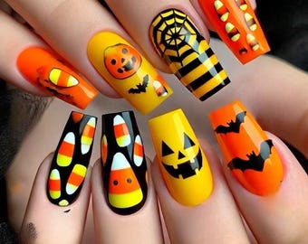 Halloween Press On Nails: Pumpkin Ghost Spider Web Design