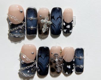 Gothic Pearl Cross Nails | 3D  Y2K Press On Set