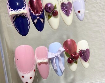 Pastel Coquette Almond Press On Nails | Pink Lavender Bow Heart Gel Set