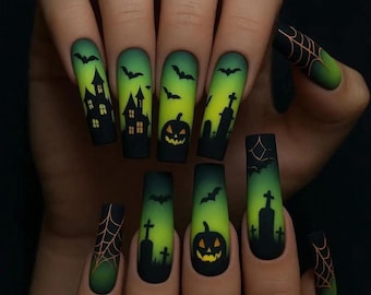 Handmade Green Halloween Press-On Nails | Spooky Graveyard, Haunted House, Coffin (Matte)