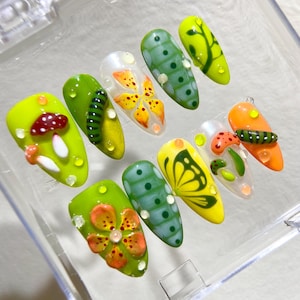 Butterfly Garden Press-On Nails – Bright Floral Nail Art with 3D Flowers, Caterpillars & Nature Details