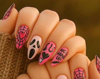 Pink Ghost Face Spider Web Almond Press On Nails | Spooky Halloween Fake Nails