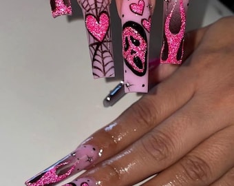 Pink Scream Press-On Nails | Halloween Ghost Face, Spider Web, Hearts (Almond)